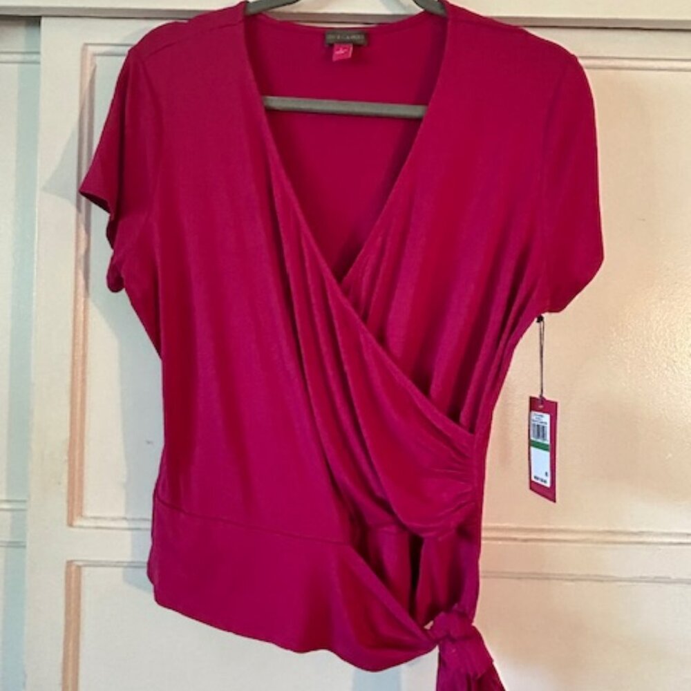 Vince Camuto NWT Hot Pink Women's Top Large Faux Wrap Short Sleeve Barbie Core